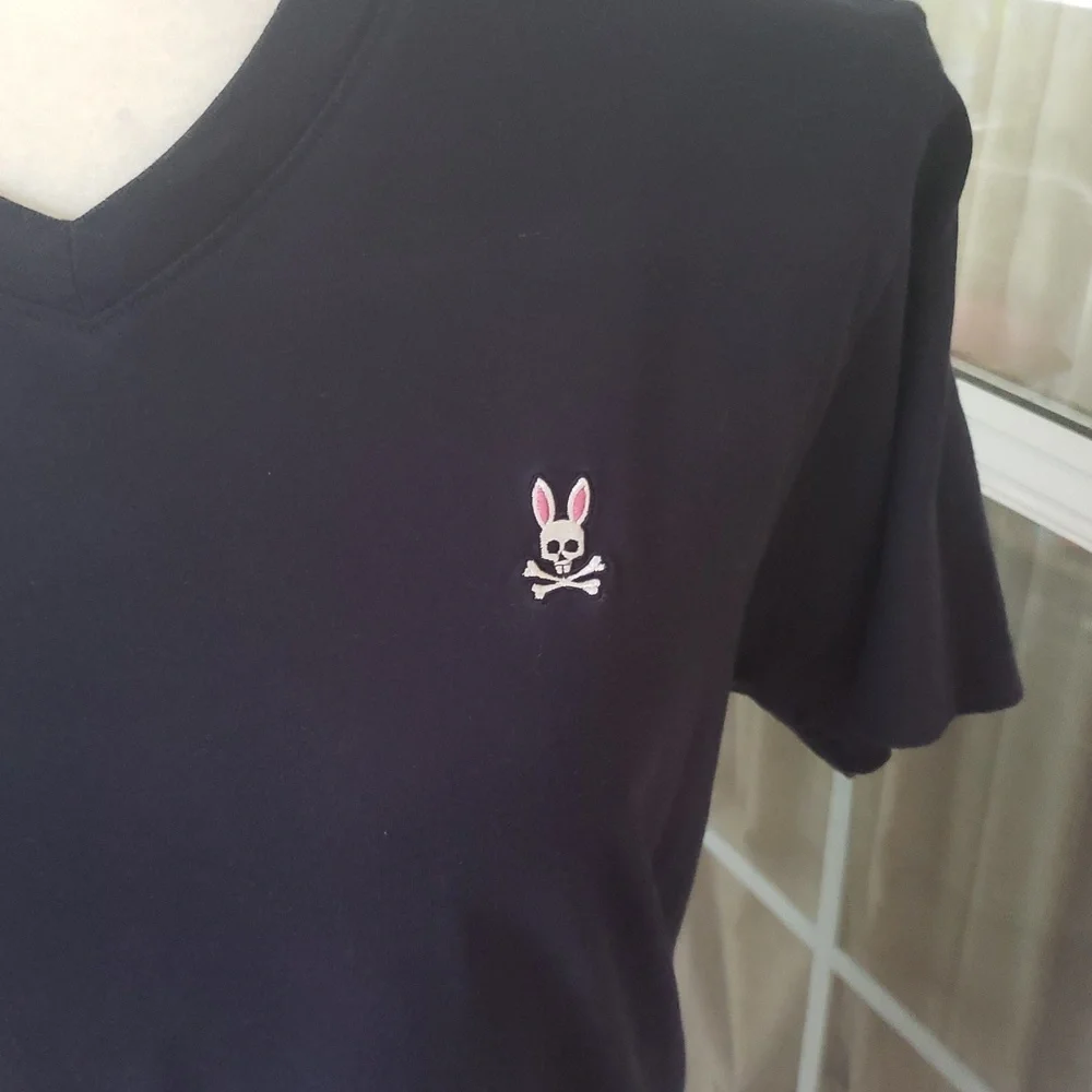 PSYCHO‎ BUNNY Blue V-Neck Classic Men's 4 Logo T-Shirt
